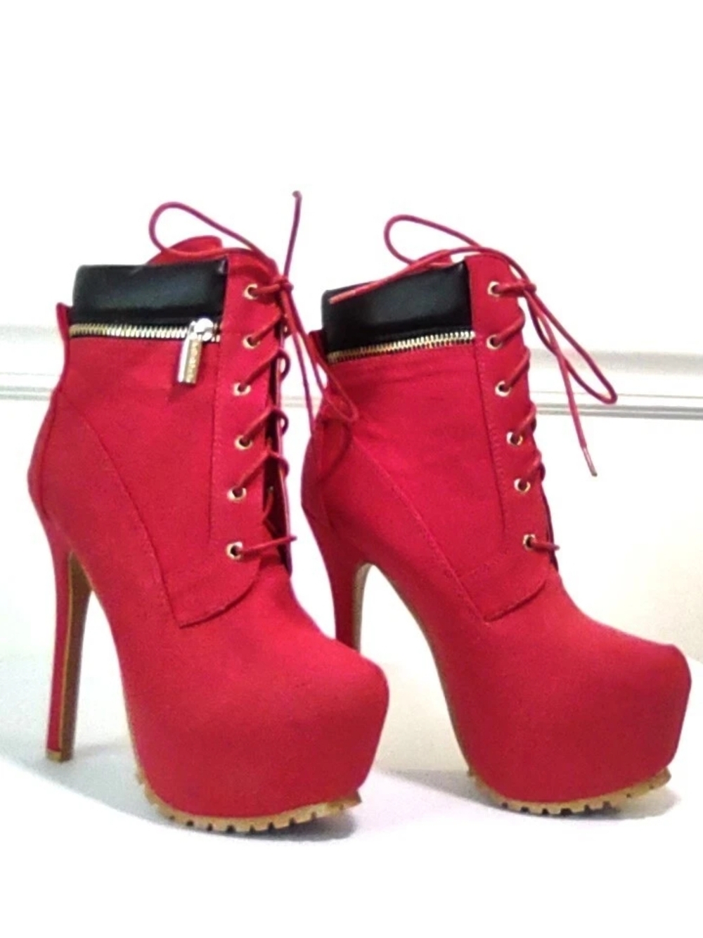 Bella Marie Red Lace-Up Platform Ankle Boots with Black Collar and Gold Zip